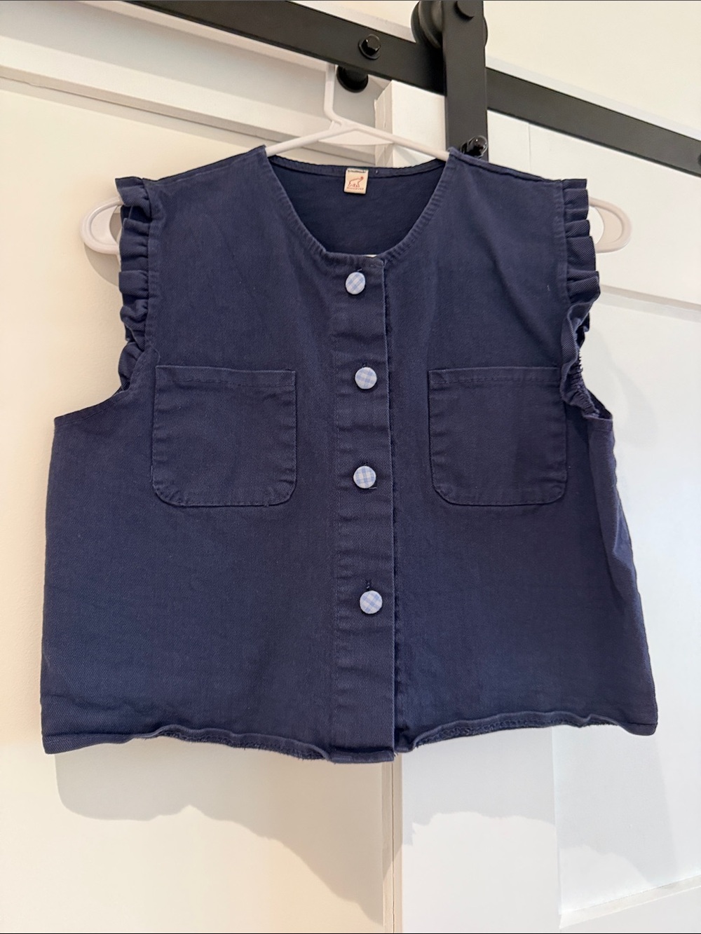 Navy Denim Ruffle-Sleeve Button Front Vest